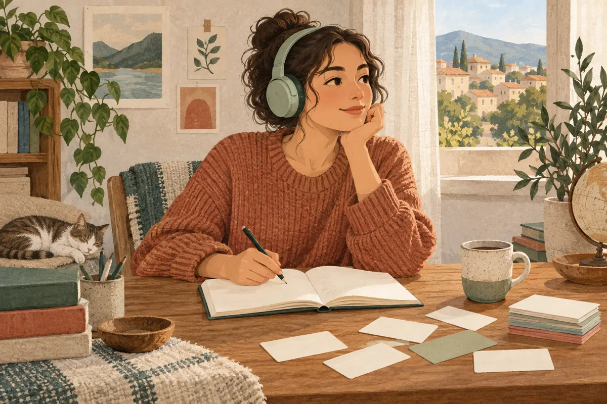 Ilustracja osoby wracającej do nauki języka z zeszytem, słuchawkami i fiszkami.