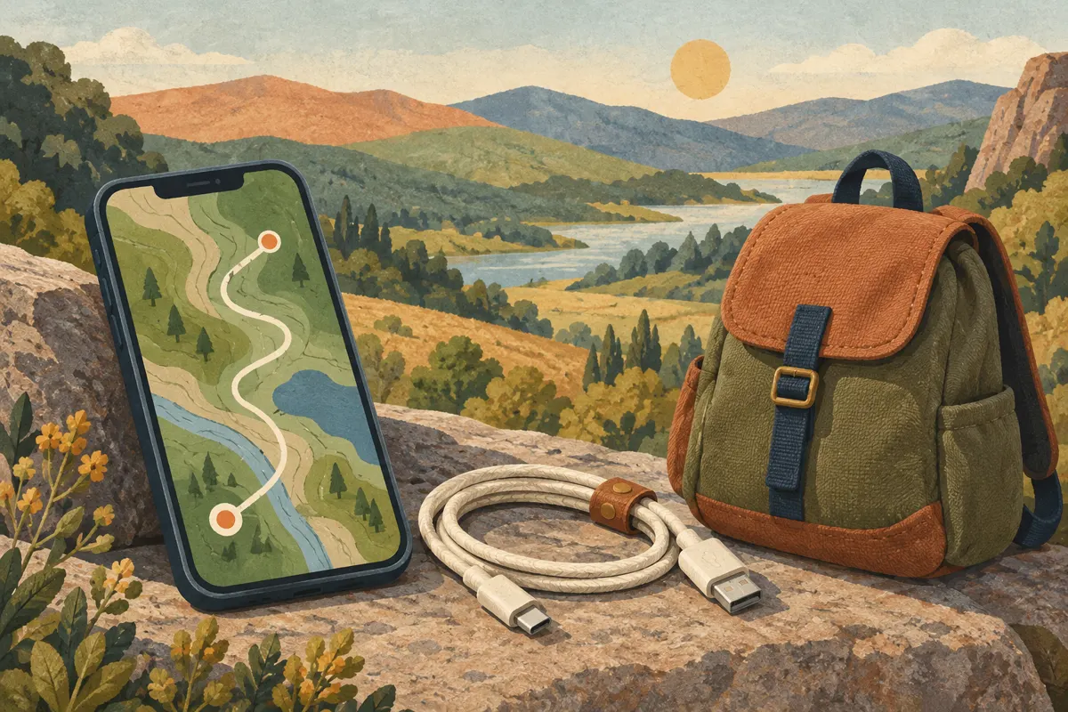 Ilustracja telefonu z mapą przygotowanego na krótki wyjazd.
