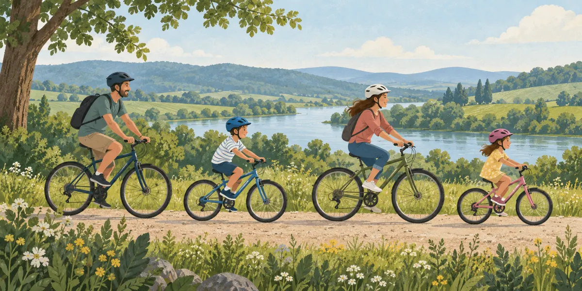 Ilustracja rodziny na rowerach podczas spokojnej wycieczki po płaskim terenie nad rzeką.